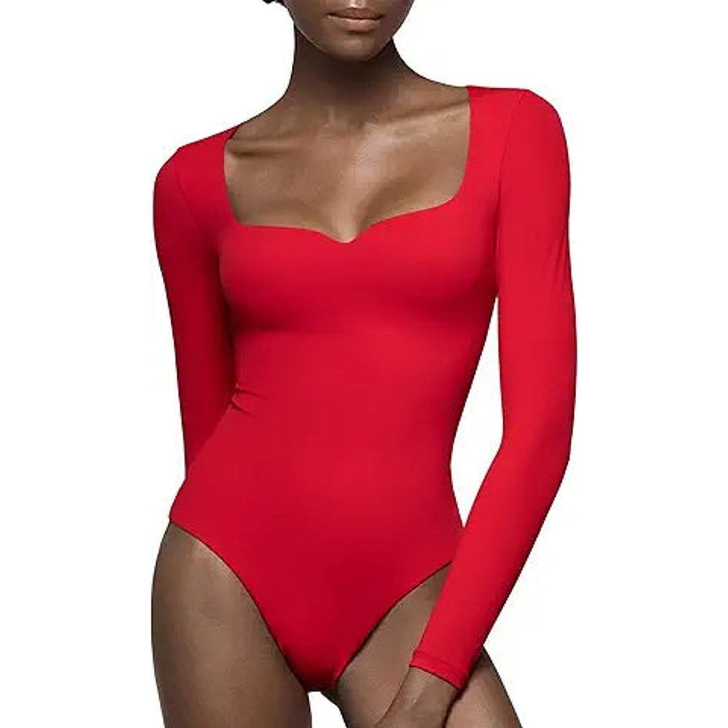 PUMIEY Bodysuits for Women Long Sleeve Sweetheart Neck Body Suits T Shirt Tops, Ruby Small