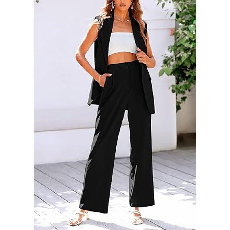 PRETTYGARDEN Women's 2 Piece Outfits Sleeveless Suit Vest and Wide Leg Pants Business Casu