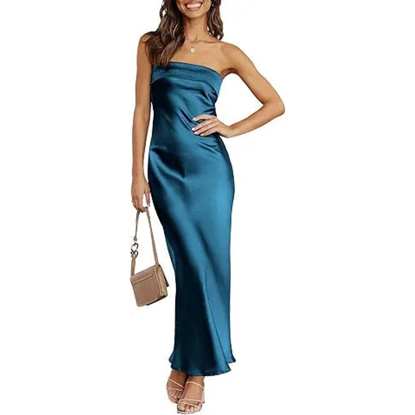 ANRABESS Women Summer Wedding Guest Maxi Dress Strapless Satin Tube Bodycon