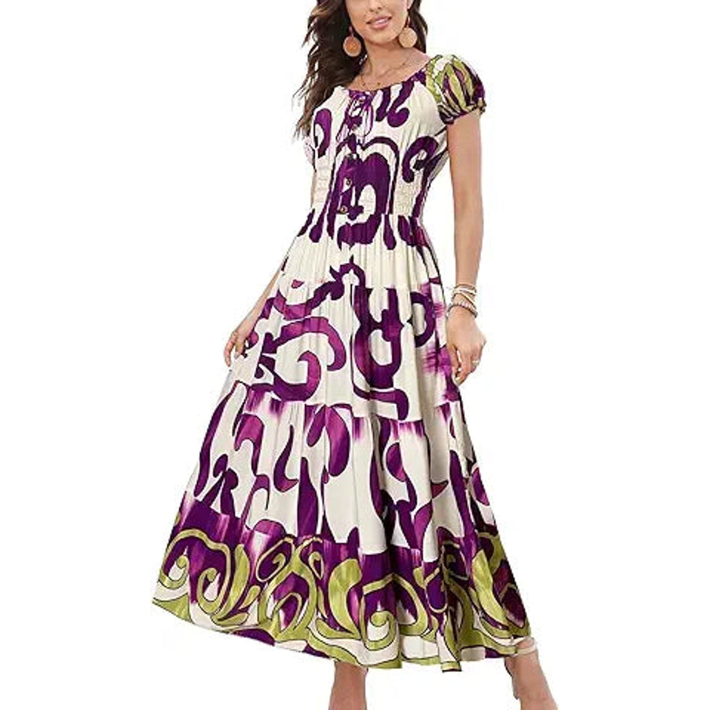 OSTOO Women's 2024 Summer Short Sleeves Boho Floral Print Tiered Casual Flowy Long Maxi Dr
