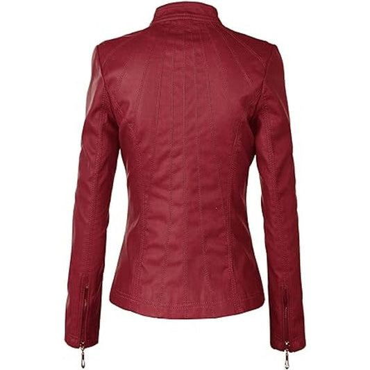 LL WJC877L Womens Panelled Faux Leather Moto Jacket S RED