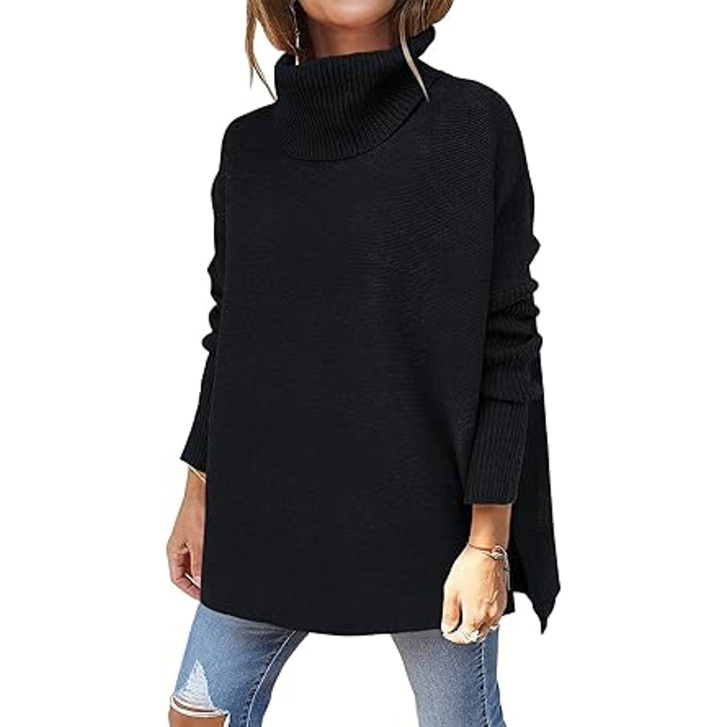 ANRABESS Women's Oversized Turtleneck Batwing Sleeve Spilt Casual Loose Knit Tunic Pullove