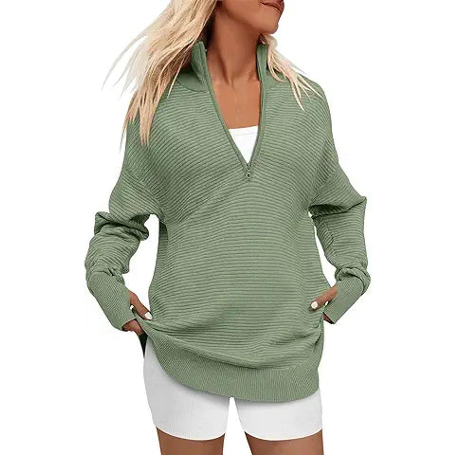 ANRABESS Women's 2025 Fall Long Sleeve Half Zip Casual Oversized Ribbed Knit Pullover Swea