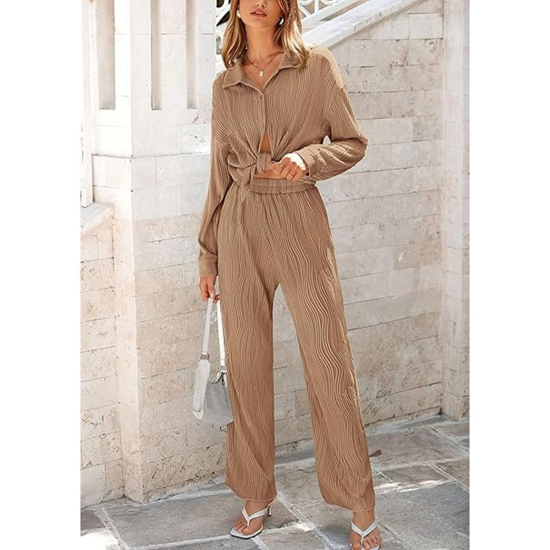 Women's 2 Piece Textured Sets Casual Button Down Shirt Wide Leg Pants Outfit