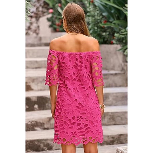 PRETTYGARDEN Women's Summer Off Shoulder Vintage Floral Lace Flare Short Sleeve Loose Eleg