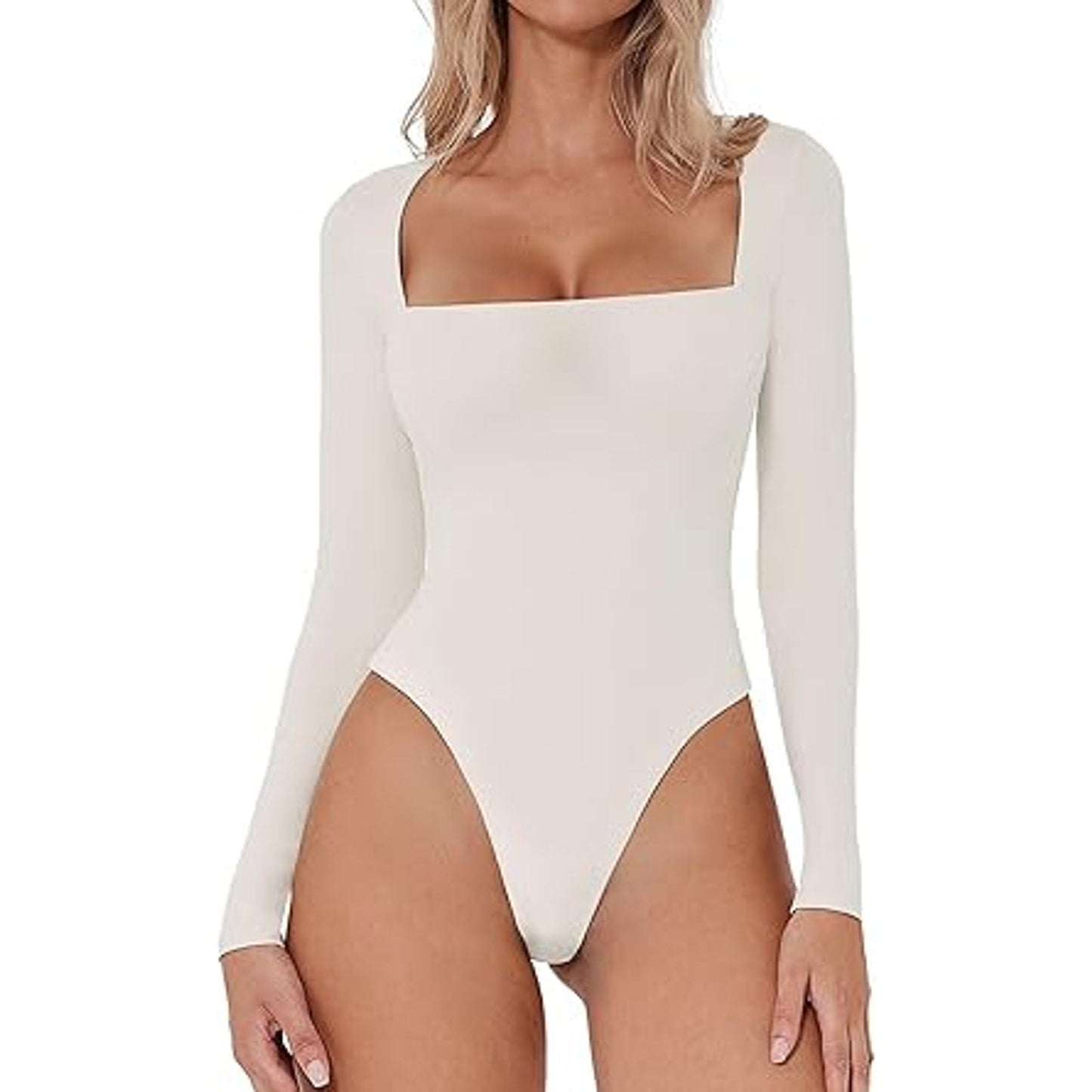 QINSEN Sweetheart Neckline Shirt for Women Long Sleeve High Leg Thong Bodysuit Tops Splash