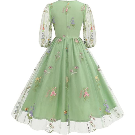 Half Sleeve Floral Embroidered Dress for Women Flower Embroidery Tulle Prom Dress Wrap V N