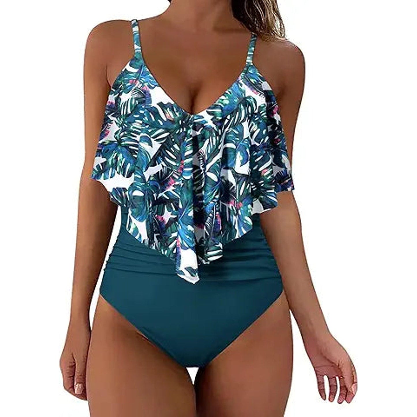 SUUKSESS Women Slimming Ruffle One Piece Swimsuits Ruched Tummy Control Bathing Suits (Blu