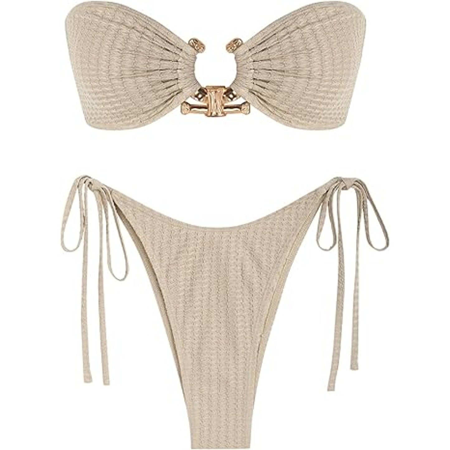 ZAFUL Women Strapless Textured Bandeau Bikini 2 Piece Swimwear Cheeky Solid Lace up Bathin
