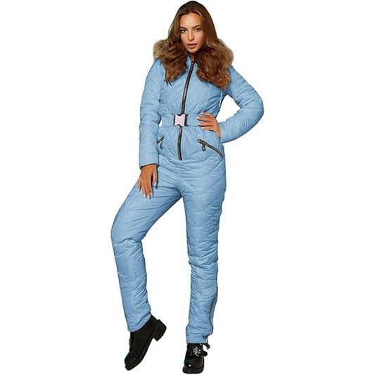 Womens Winter Ski Suit One Piece Hooded Fur Collar Ski Jumpsuit Snowsuit Outdoor