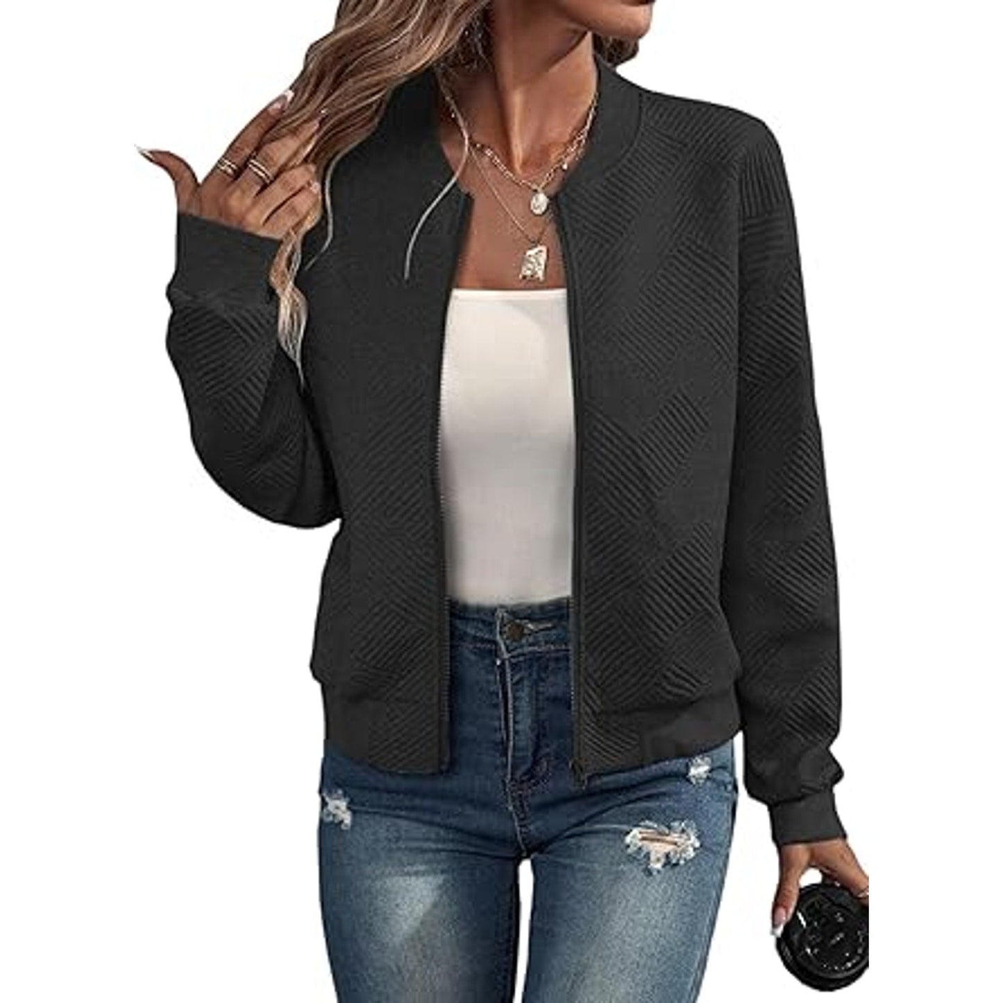 EVALESS Women's Casual Coat Bomber Jackets for Women Trendy 2024 Stand Collar Zip Up Light