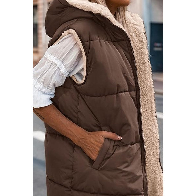 PRETTYGARDEN Womens Fall Reversible Vests Sleeveless Fleece Jacket Zip Up Hoodie Pockets L