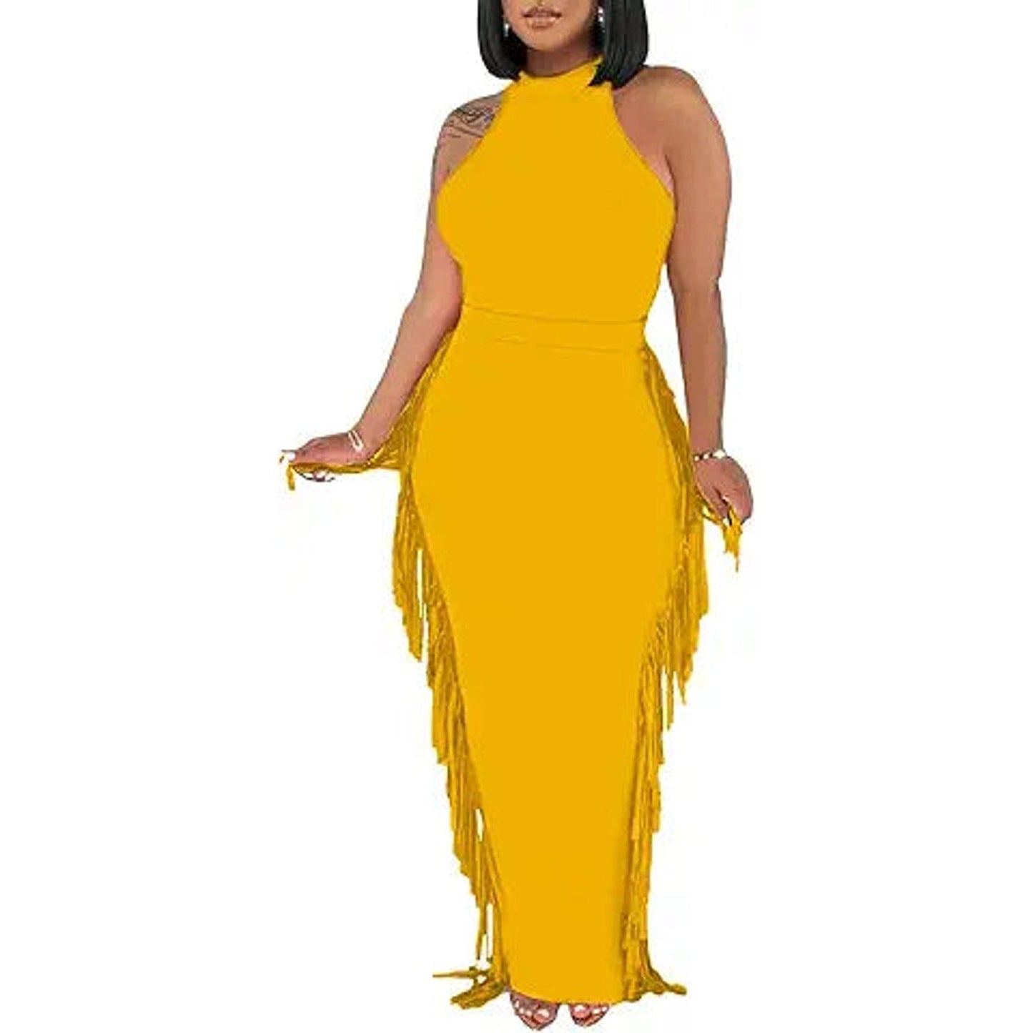 Euulin 2 Piece Outfits for Women Sexy Crop Top Ruched Bodycon Maxi Dresses Fringe Skirt Se