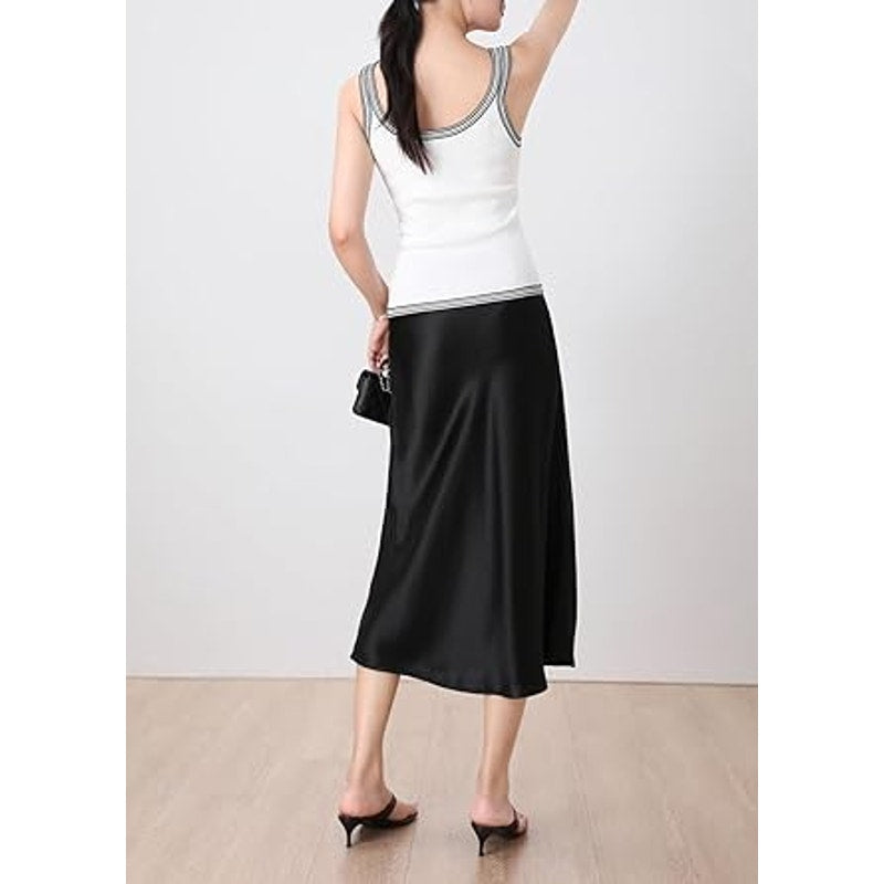Keasmto Black Skirt for Women Midi Length High Waist Silk Satin Elasticized