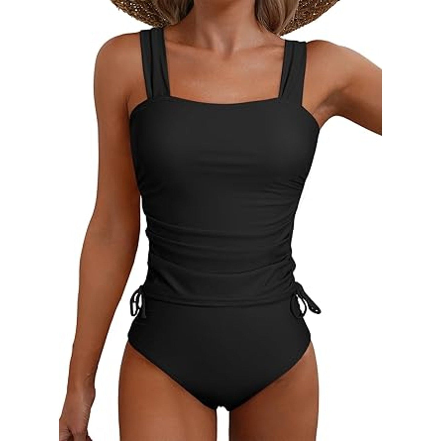 Aleumdr Womens Retro Ruched Two Piece Strappy Tummy Control Swimwear Tie Side Tankini Top