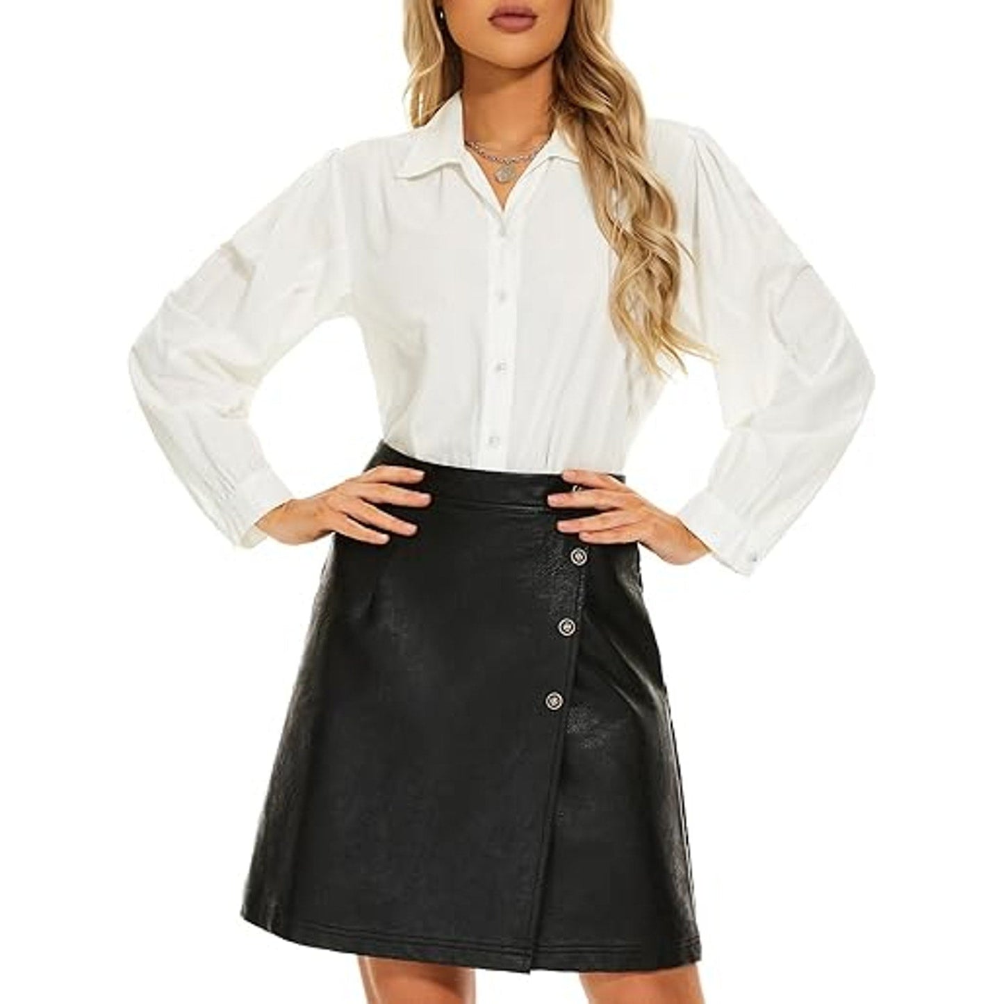 Ginasy High Waisted Faux Leather Skirts for Women Dressy Casual Wrap Pleather Mini A Line