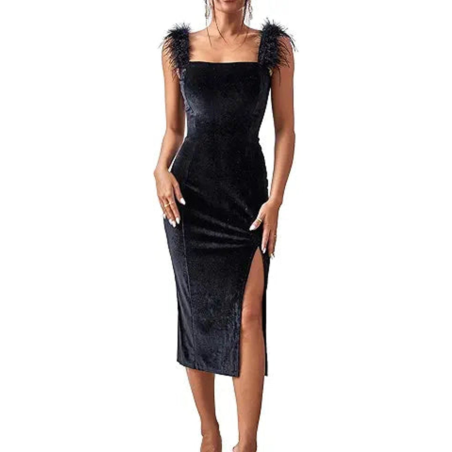 Women's Velvet Split Bodycon Feather Zipper Back Cocktail Party Dress(Black,X-Large)