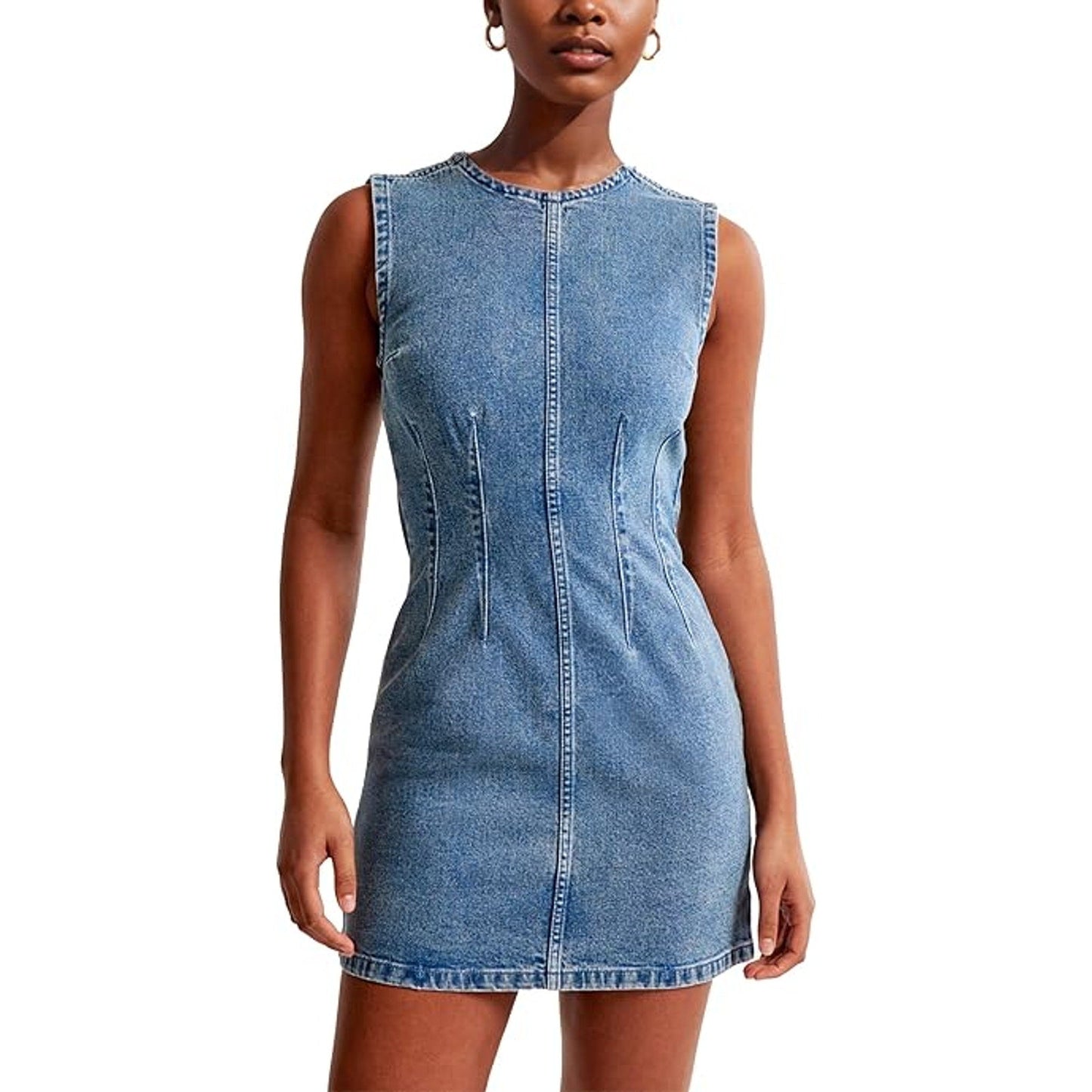 Daacee Women’s Sleeveless Bodycon Denim Mini Dress Casual Waist Tucks Tank Jean Dresses(