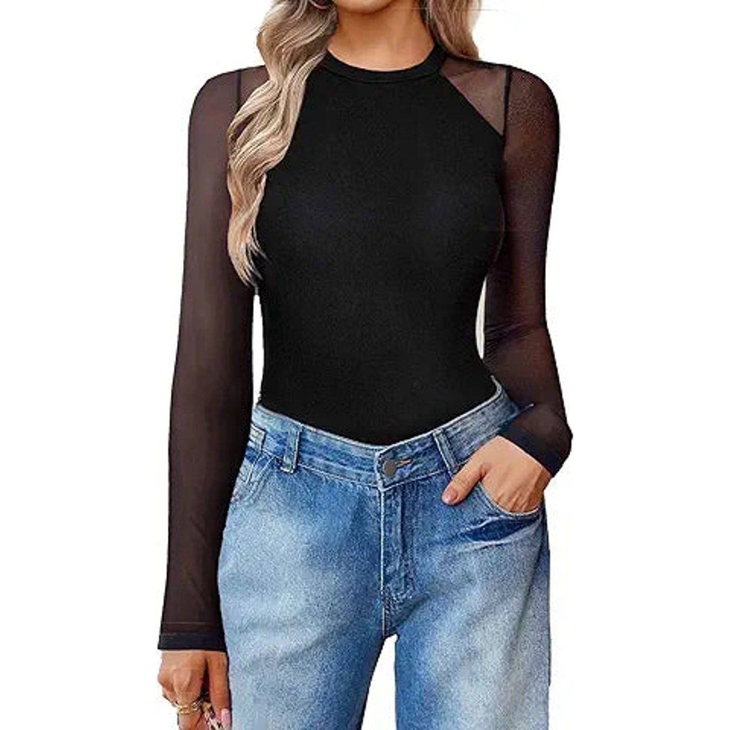 Avidlove Women Black Long Sleeve Bodysuit Second-skin Feel Tops Smoke Cloud Collection (