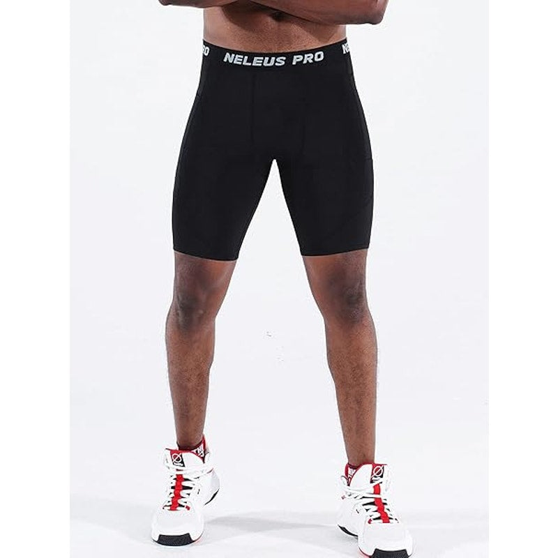 Men's Compression Shorts with Pockets Workout Running Tights,3 Pack,6082,Black