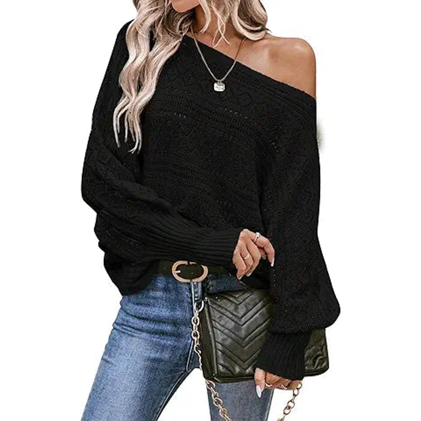 Cakulo Womens Off The Shoulder Sweater Top Fall 2024 Oversized Knit Batwing Long Sleeve Cr