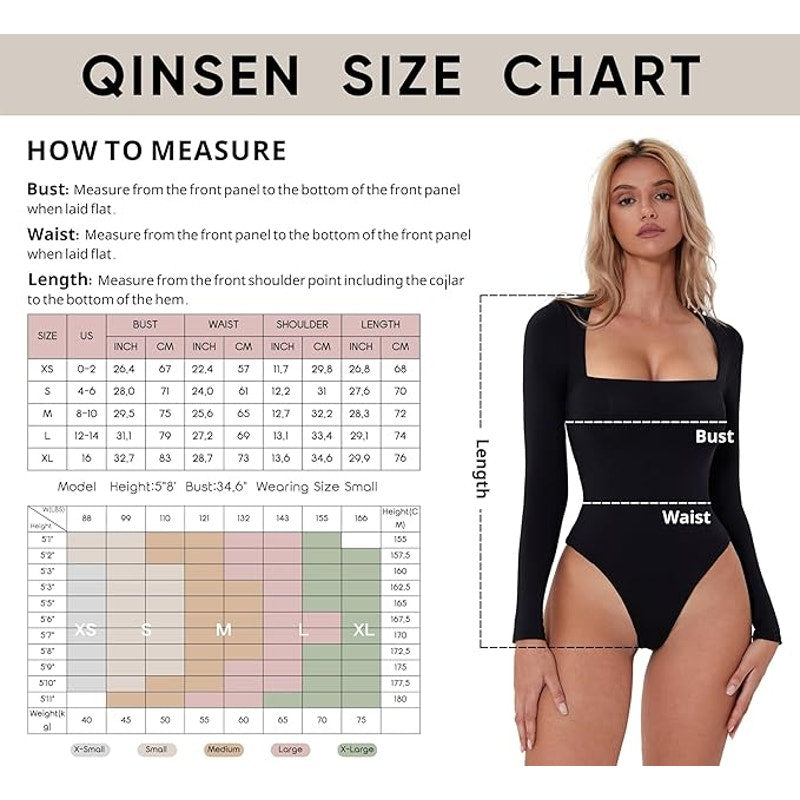 QINSEN Black Bodysuit for Women Thong Sexy Square Neck Long Sleeve Shirt Tops XS