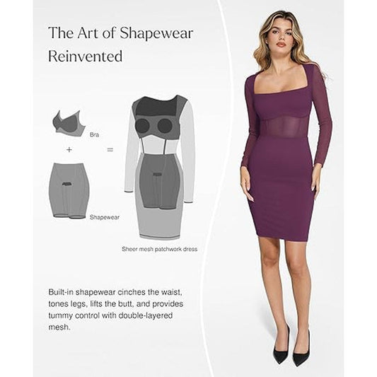 Popilush Long Sleeve Shapewear Dress Mesh Dress Built in Bra Corset for Women Tu