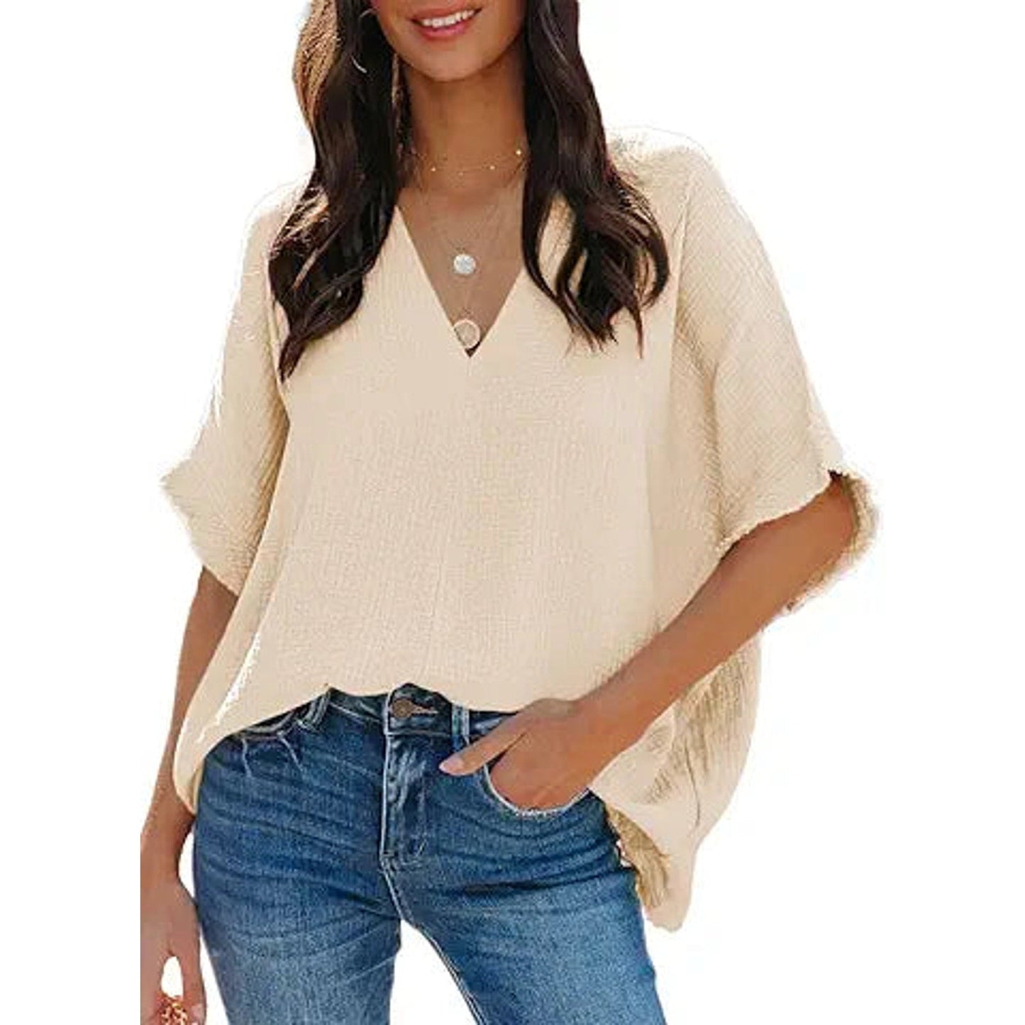 Dokotoo Womens Casual Summer Tops Dressy Batwing Half Sleeve Loose Fit Tunic Tops Textured