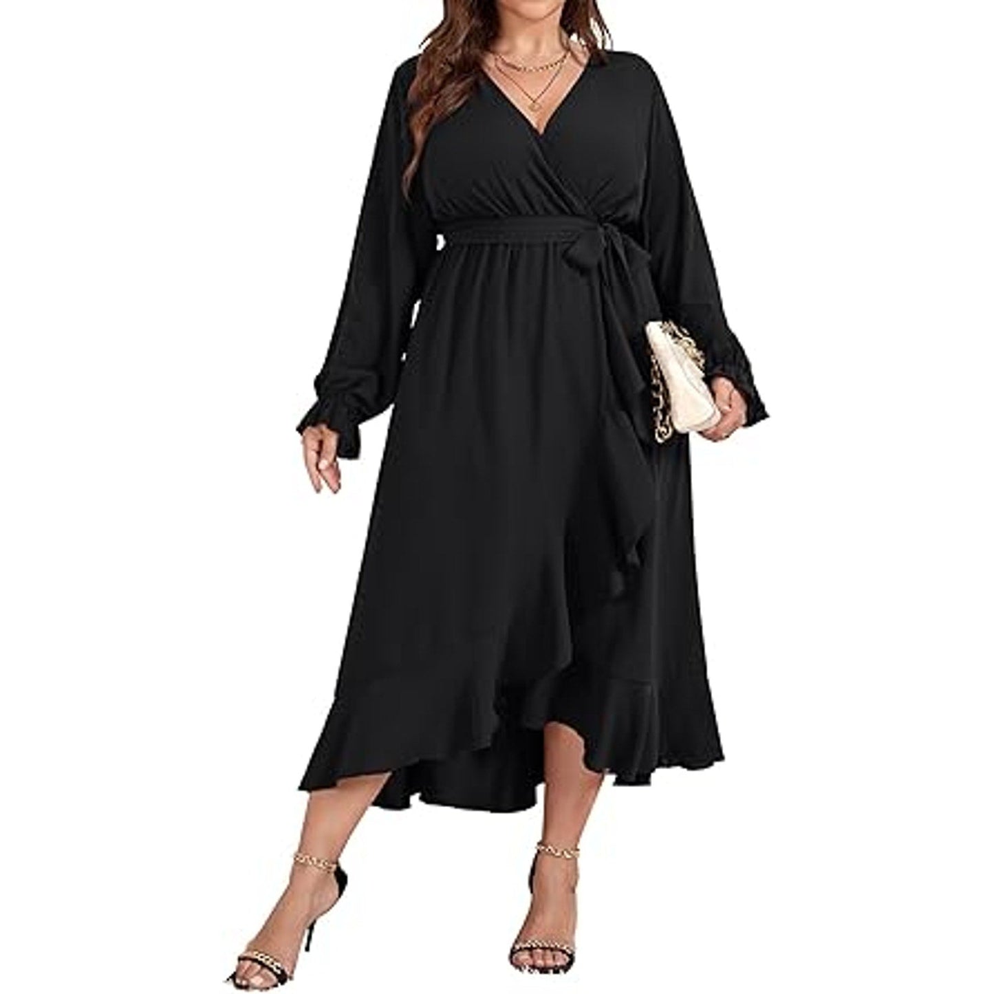 SCOMCHIC Women Plus Size Wedding Guest Maxi Dress Long Sleeve Wrap V Neck High Low Split R