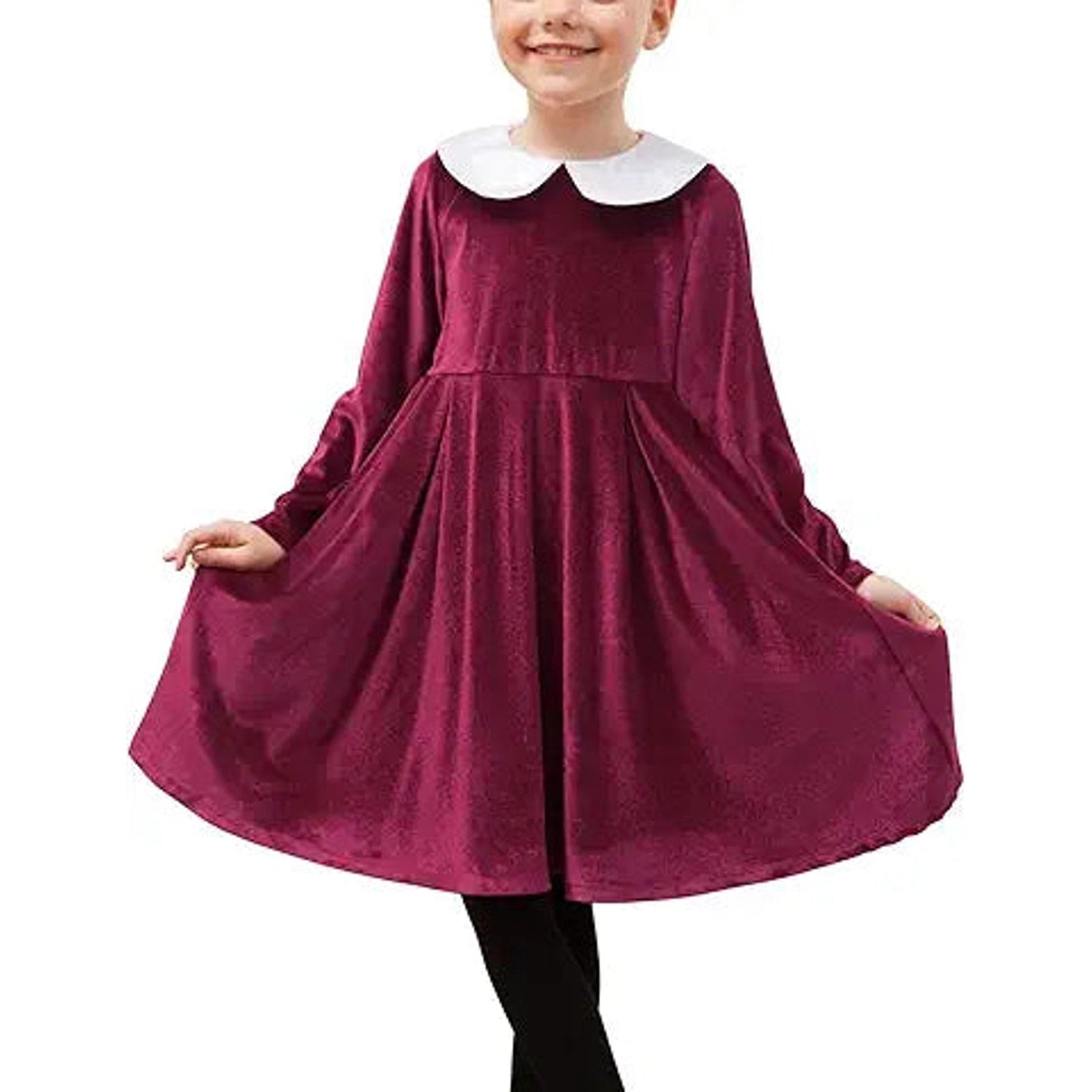 Velvet Dress for Girls Long Sleeve Peter Pan Collar Red Midi Christmas Party Clothes,Size