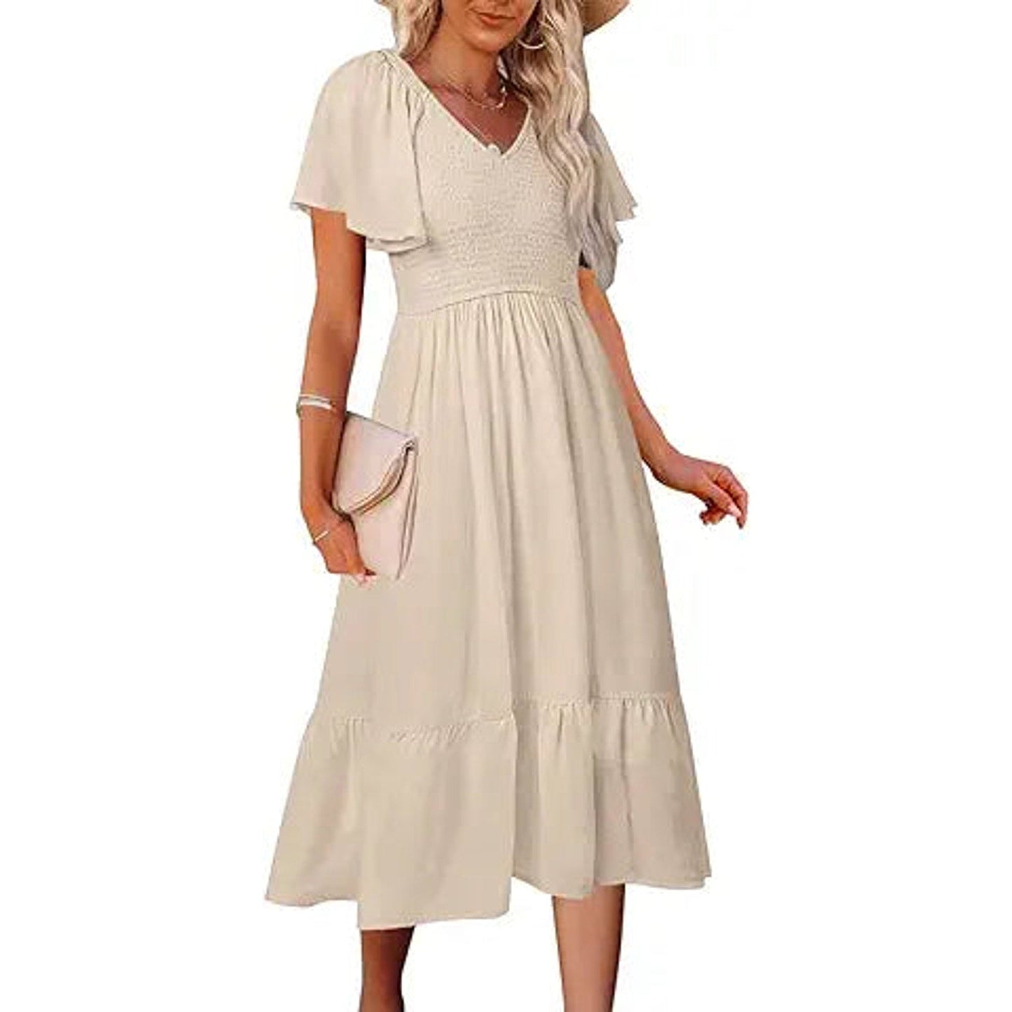 MEROKEETY Women's Summer Flutter Short Sleeve Smocked Midi Dress Flowy Tiered A Line Beach