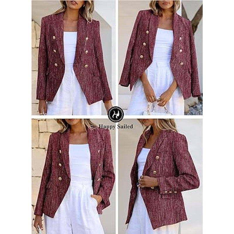 Happy Sailed Womens Blazer Double Breasted Turndown Collar BlazerJacket Suits for Work Sli
