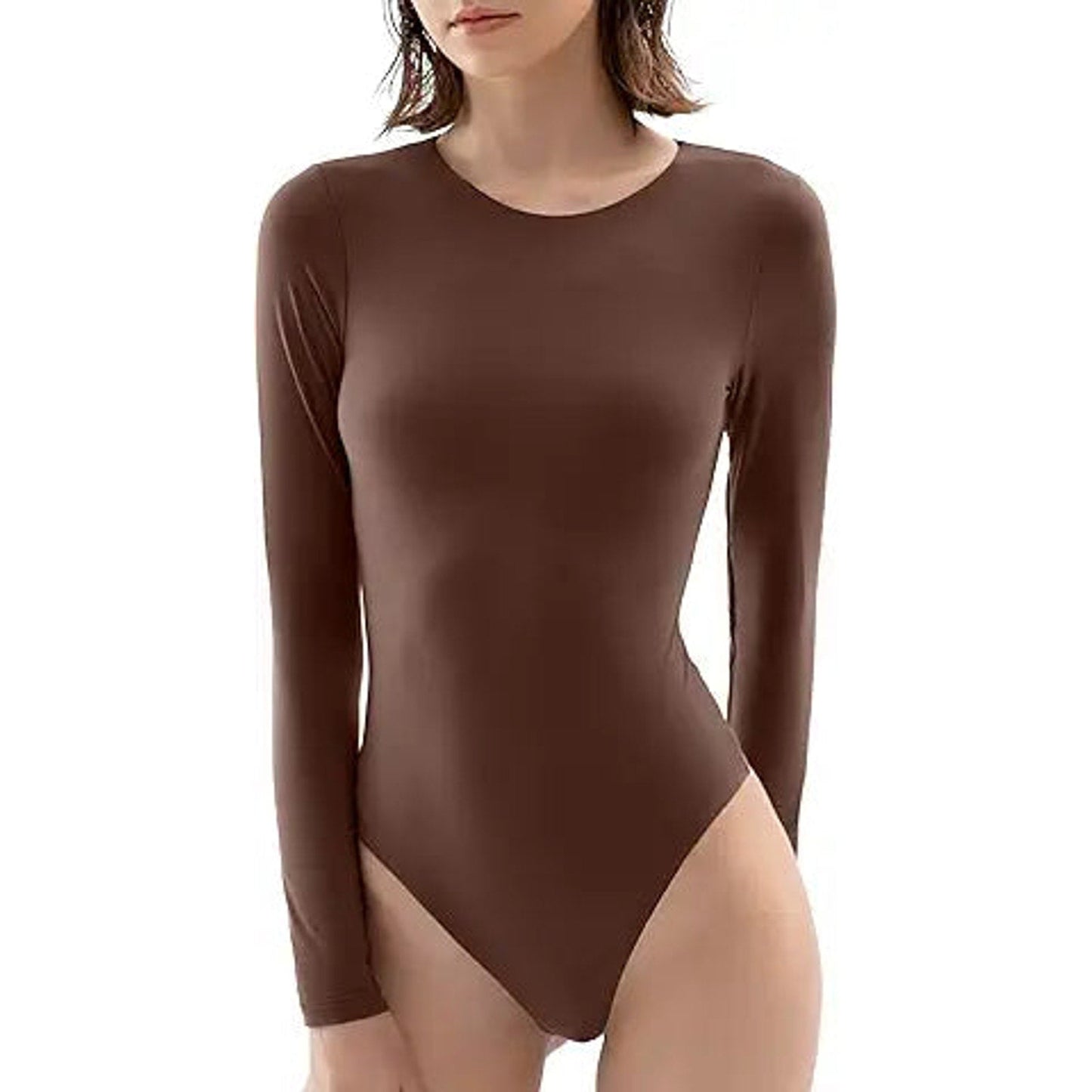 PUMIEY Long Sleeve Bodysuit For Women Brown Body Suits Women Tiramisu Medium