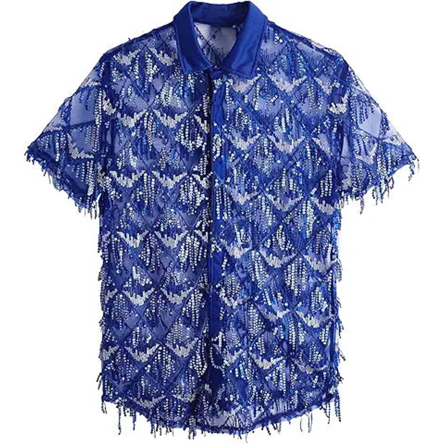 WDIRARA Men's Sequin Decor Fringe Button Front Shirts Short Sleeve Sheer Party T Shirt Roy