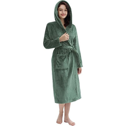 Amorbella Womens Fleece Winter Bathrobe Plush Long Robe Warm(Olive,Medium)