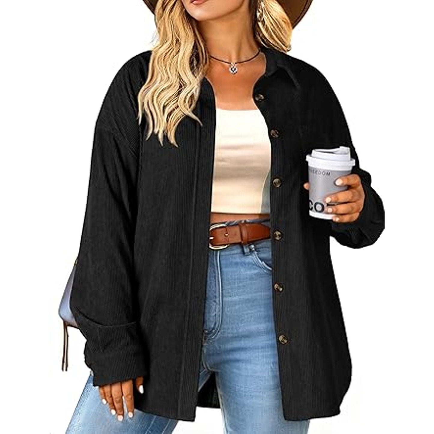 OLRIK Plus Size Fall Outfits 2024 Button Long Sleeve Shirts Lightweight Corduroy Jackets F