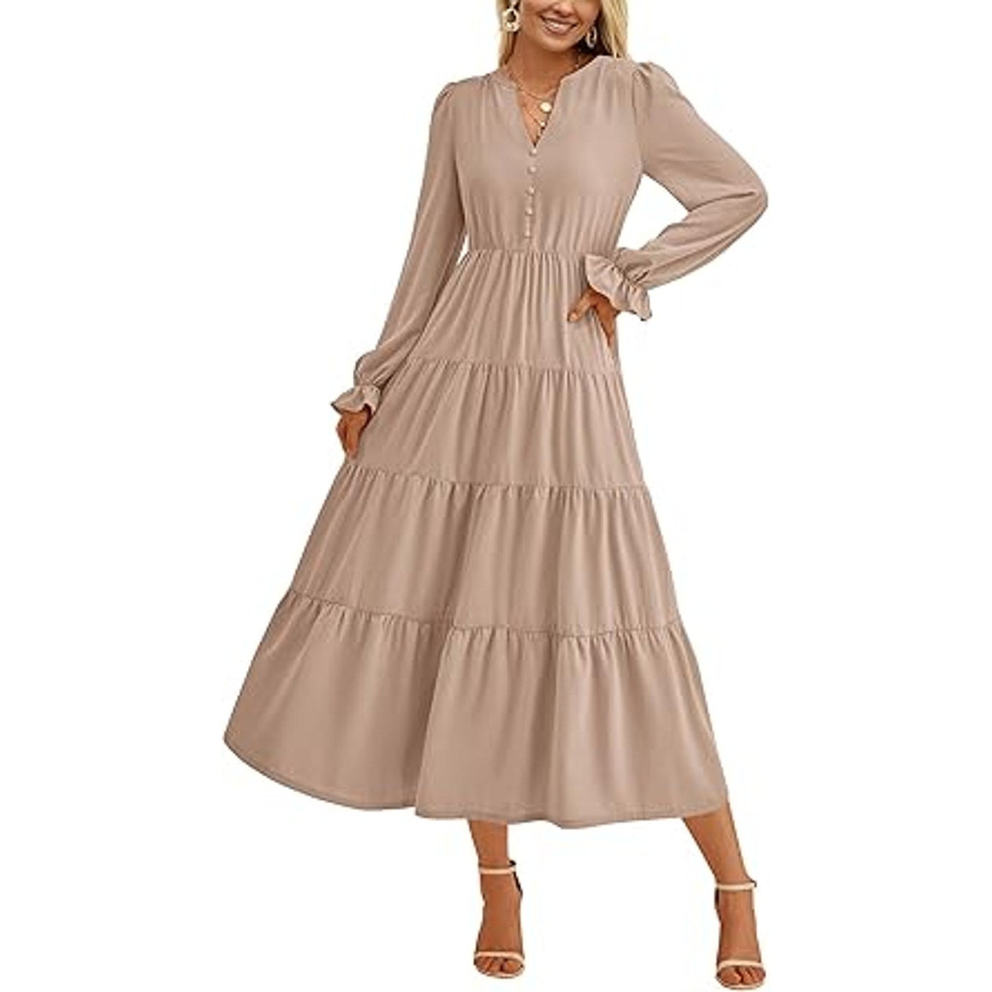 PRETTYGARDEN Women's Spring Fall Maxi Dress Long Sleeve V Neck Tiered Ruffle Flowy A Line