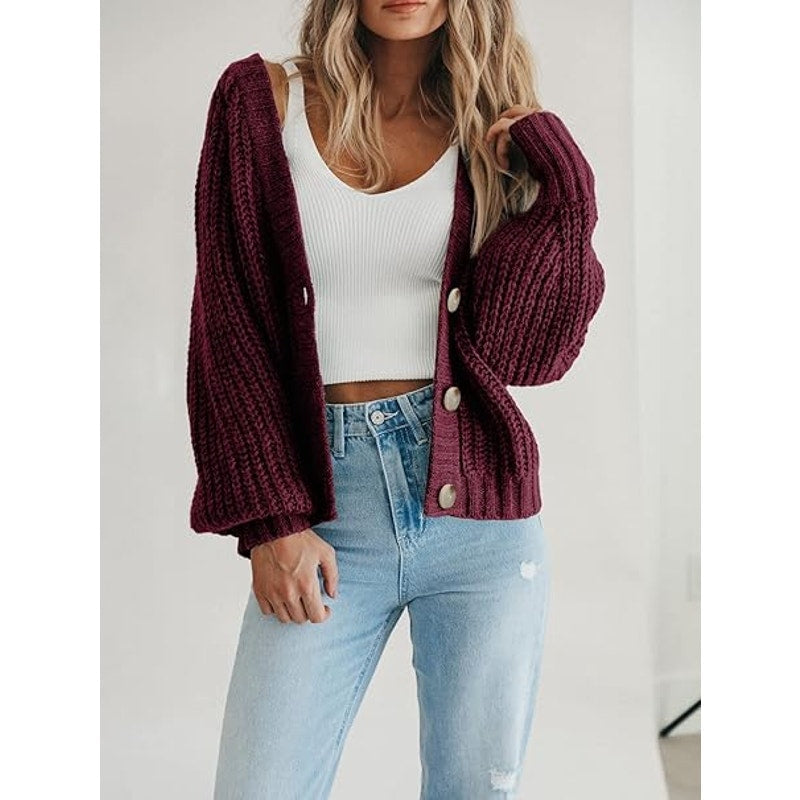 Women's Long Sleeve Plain Button Down Sweater Classic V-Neck Knit Cardigan Op
