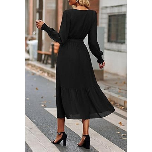 PRETTYGARDEN Women's Floral Print Boho Dress Long Sleeve Wrap V Neck Ruffle Belted A-Line