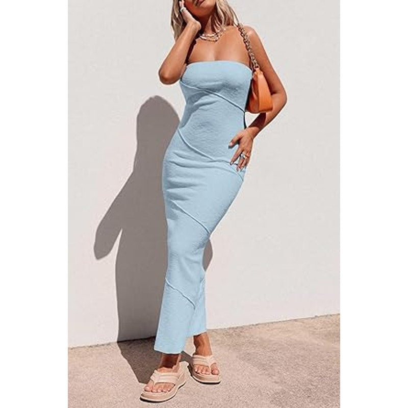 PRETTYGARDEN Women's Ribbed Maxi Bodycon Dress Summer Strapless Tube Y2K Party Club Long D