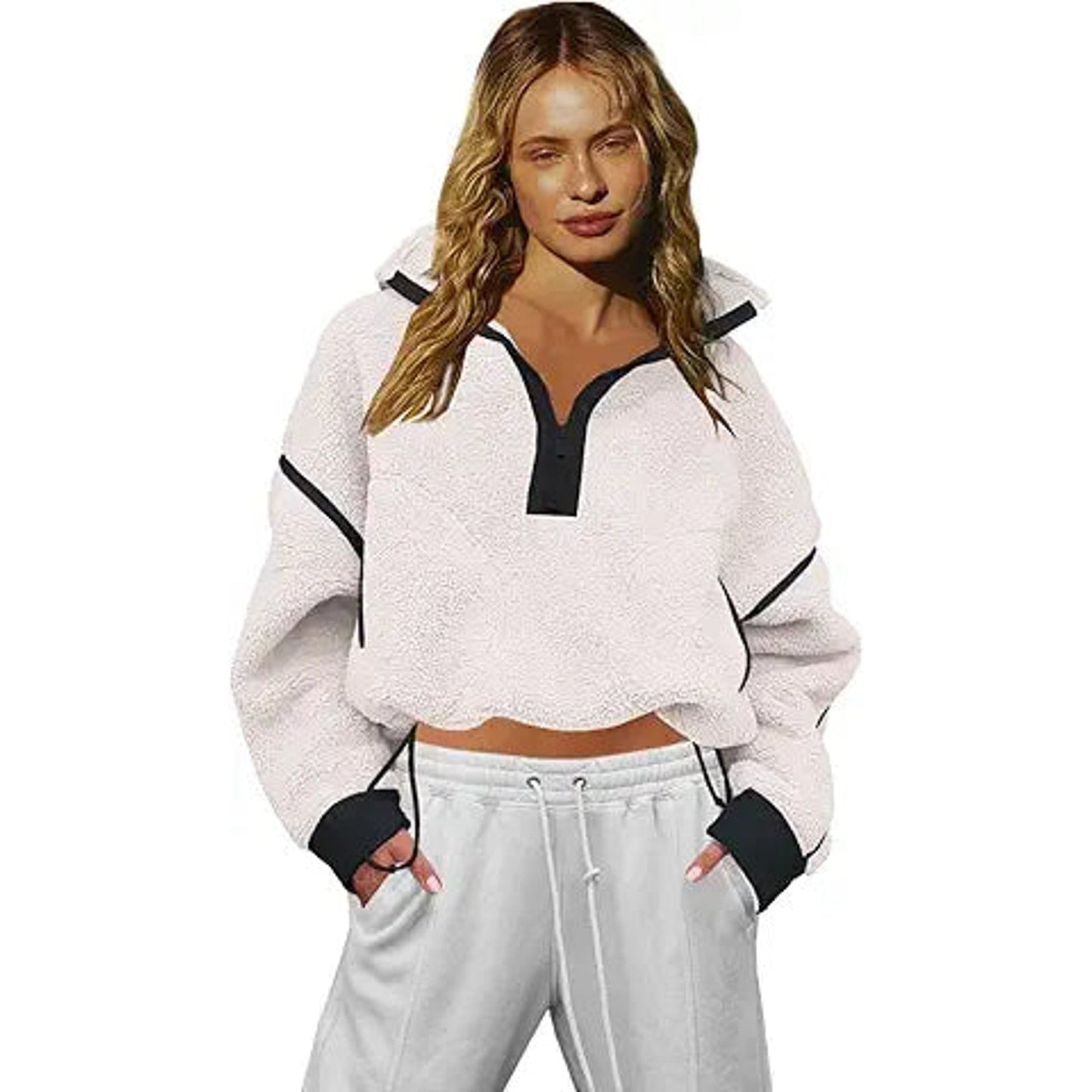 LAMISSCHE Half Zip Sweatshirt Women Oversized Sherpa Jacket V Neck Fleece Pullover Hoodie
