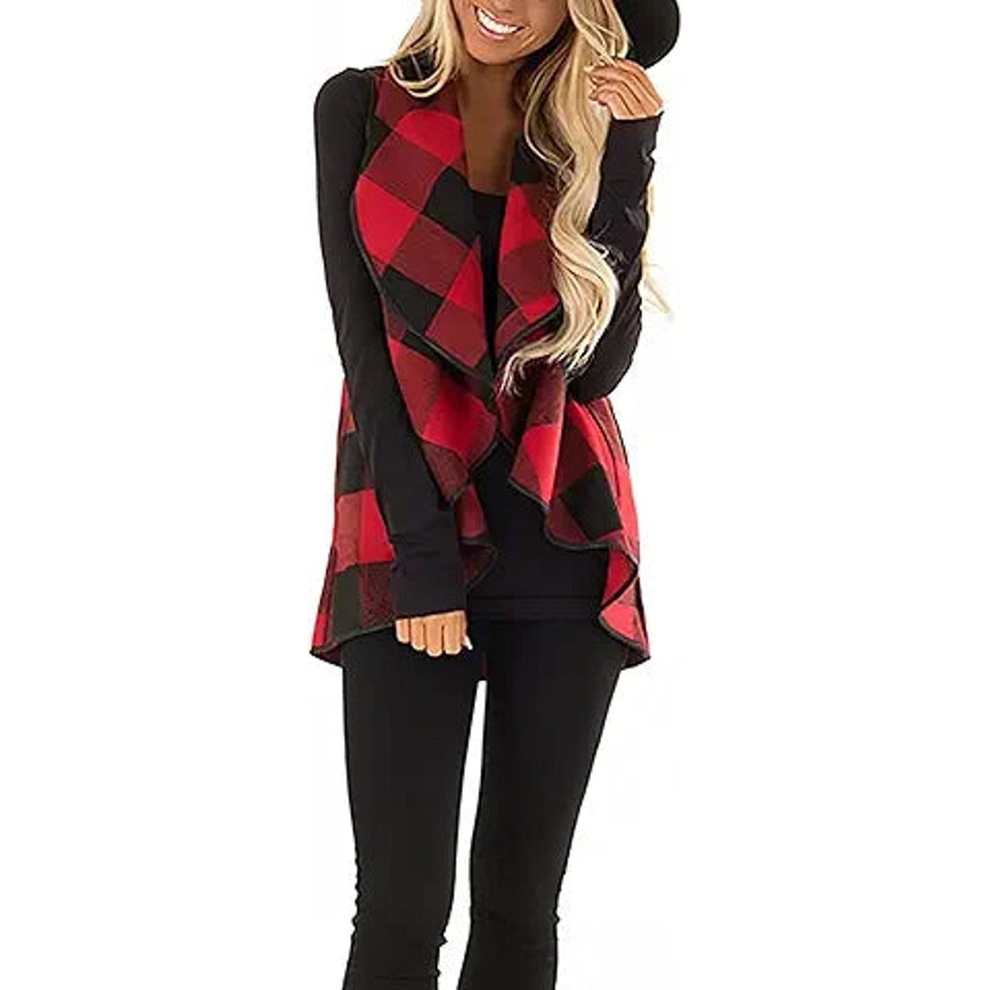 Unidear Womens Color Block Lapel Open Front Sleeveless Plaid Vest Cardigan with Pockets #2