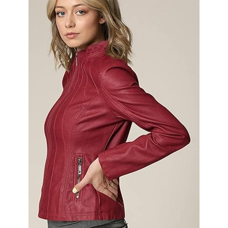 LL WJC877L Womens Panelled Faux Leather Moto Jacket S RED