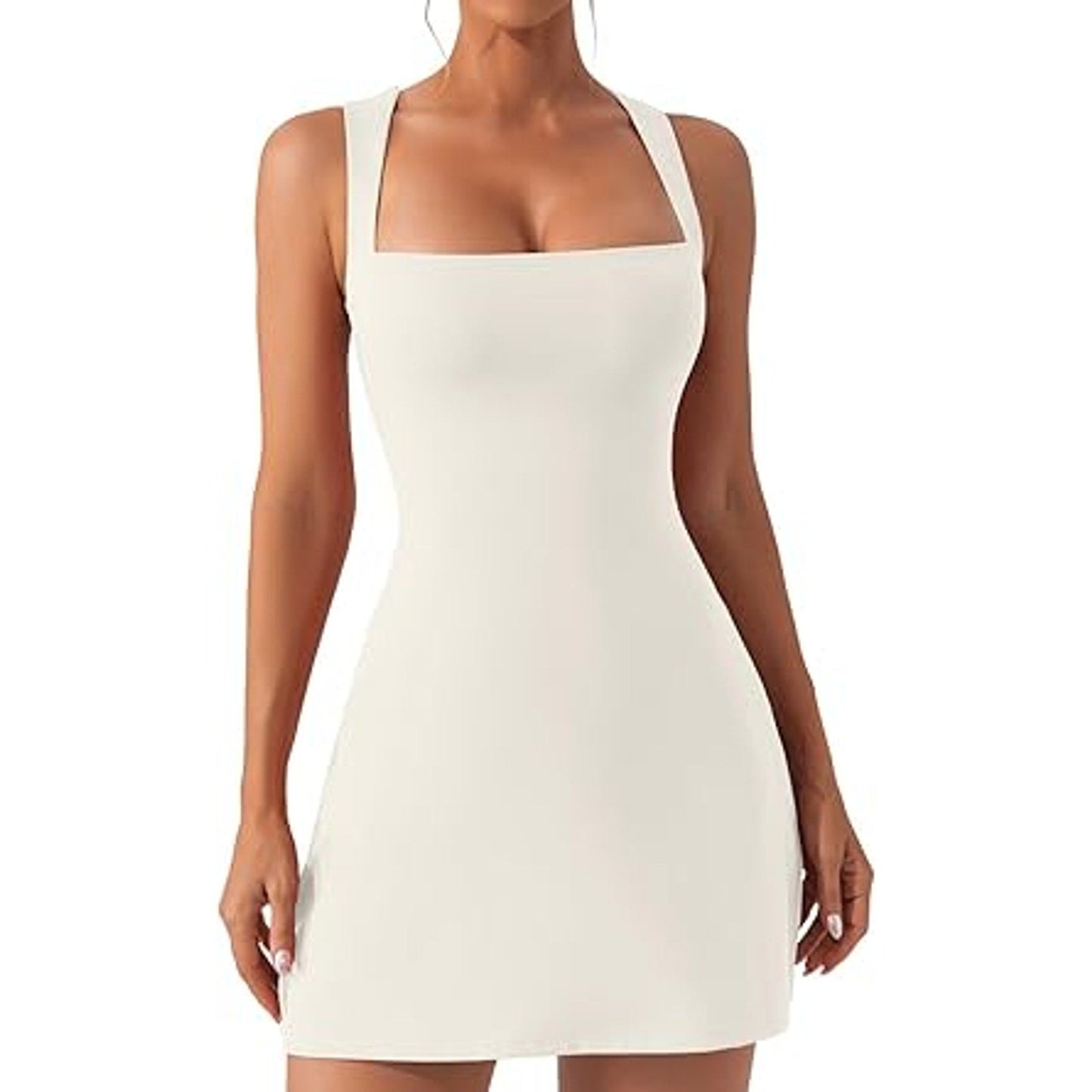QINSEN Womens Solid Off White Square Neck Bodycon Dress Sleeveless Short Length Party Dres