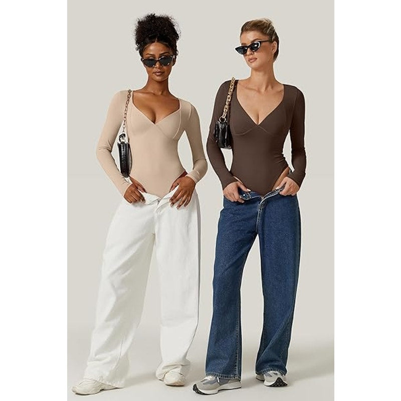 QINSEN Sexy Bodysuit for Women Sweetheart Neckline High Cut Thong Tops Long Sleeve Shirt C