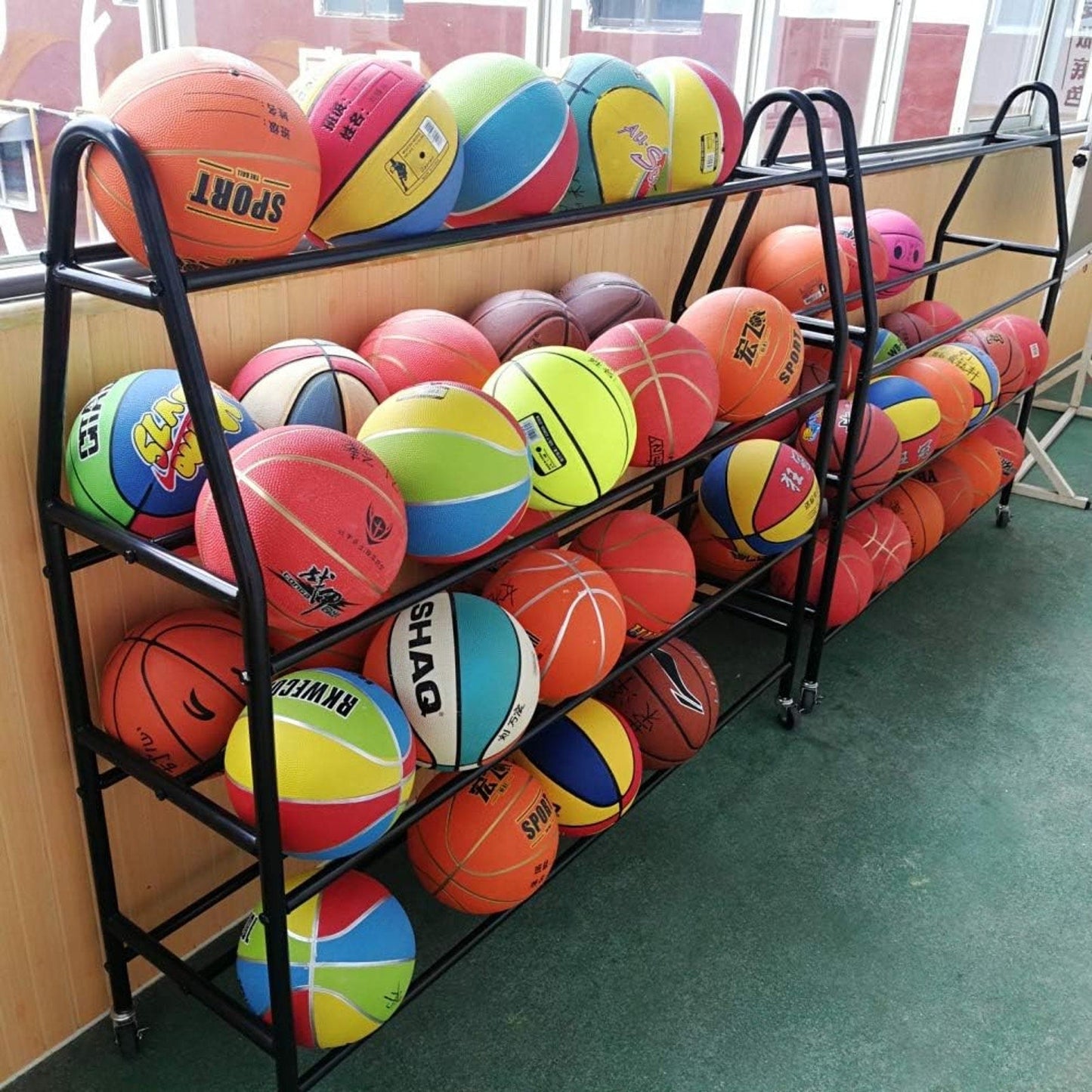 JIANZHUO Basketball Racks for Balls with Wheels,Iron Ball Cart Ball Racks for Garage Ball Holder,Ball Storage Ball Organizer(Black,4-Tier,35 Balls)