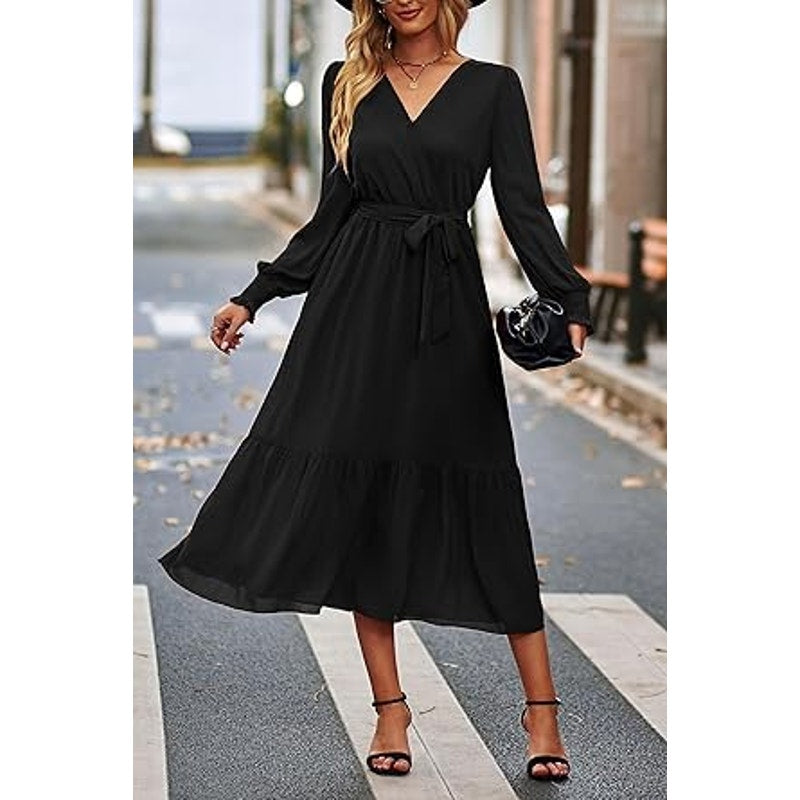 PRETTYGARDEN Women's Floral Print Boho Dress Long Sleeve Wrap V Neck Ruffle Belted A-Line