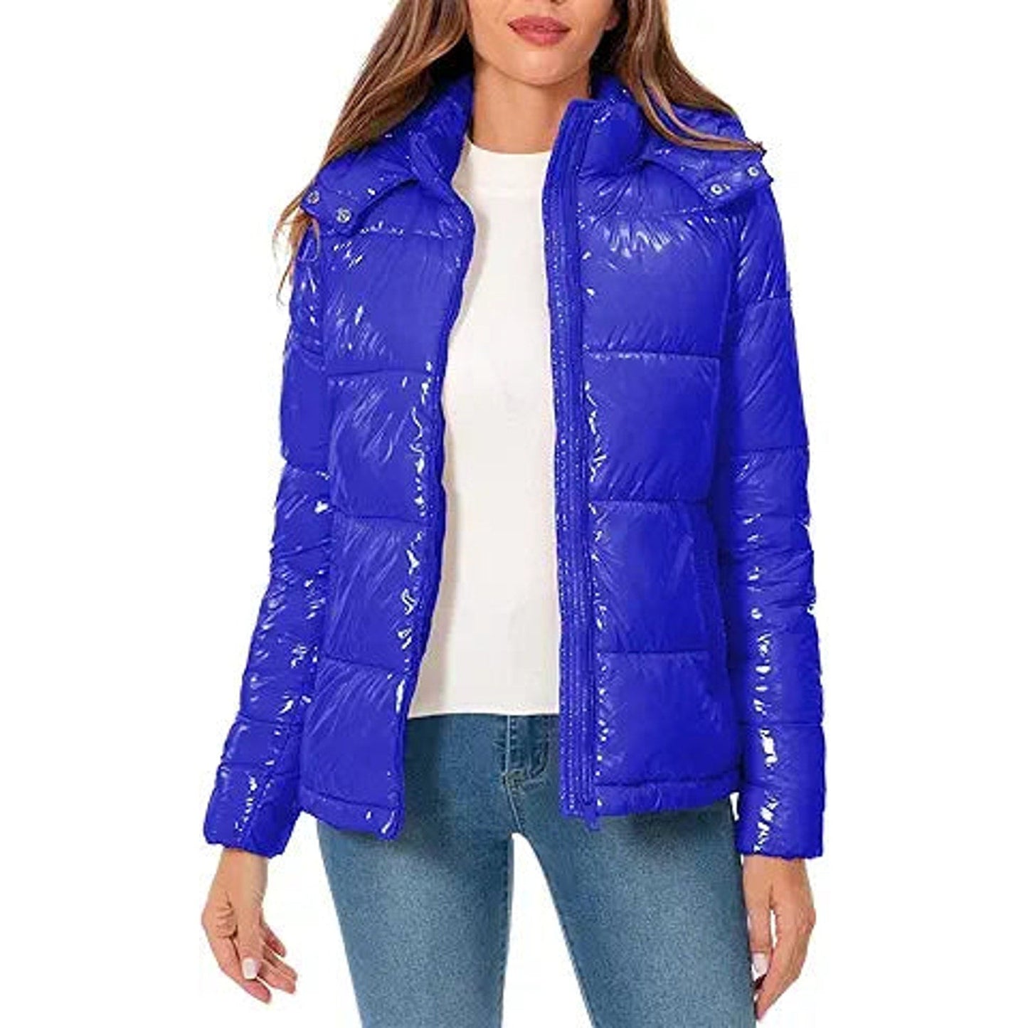 Dina Weis Women's Shiny Padded Puffer Jacket Winter Warm Zip Short Bubble C