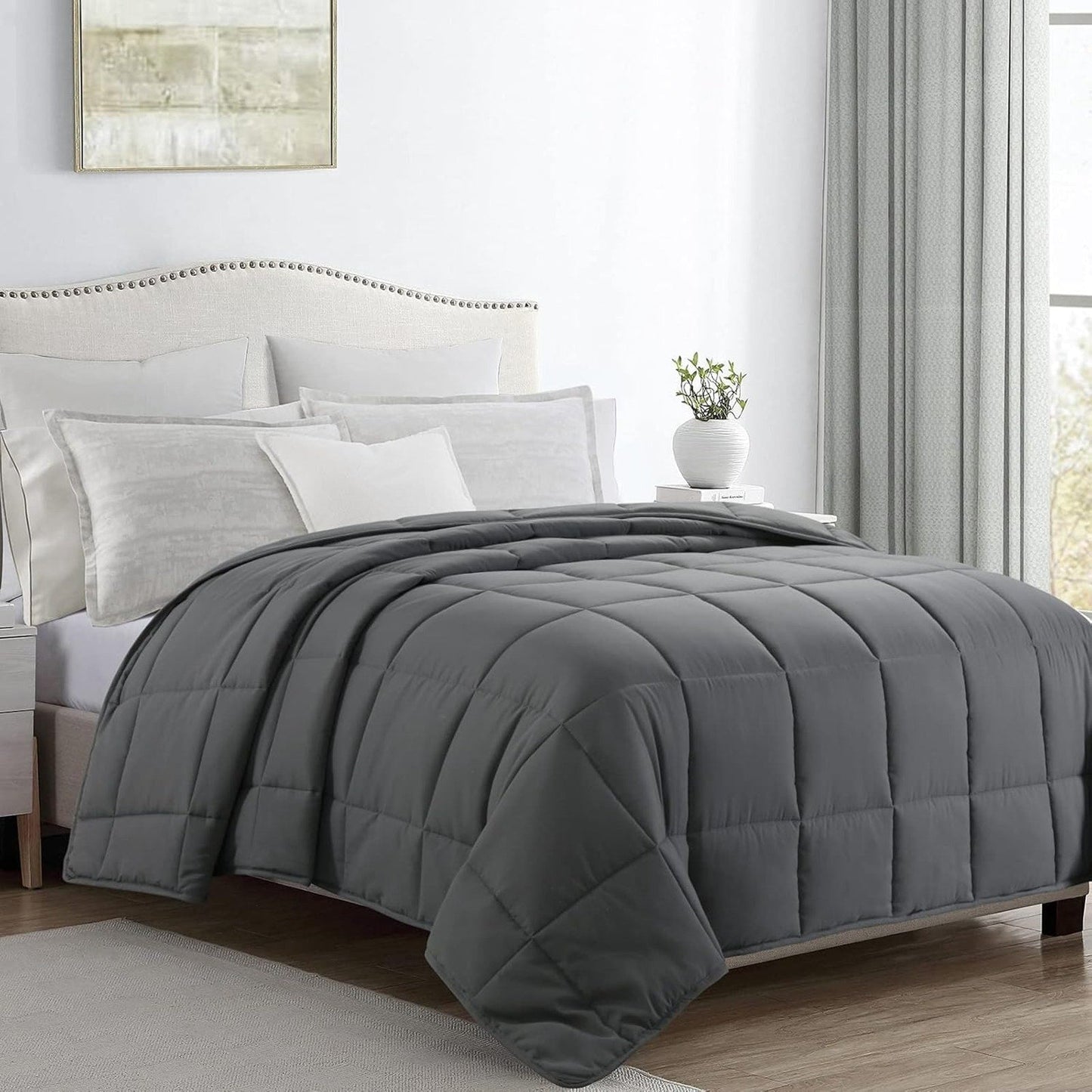 HOMBYS Oversized King Comforter 120x98, Lightweight Quilted Down Alternative Duvet Insert for All Season,Grey,8 Corner Tabs