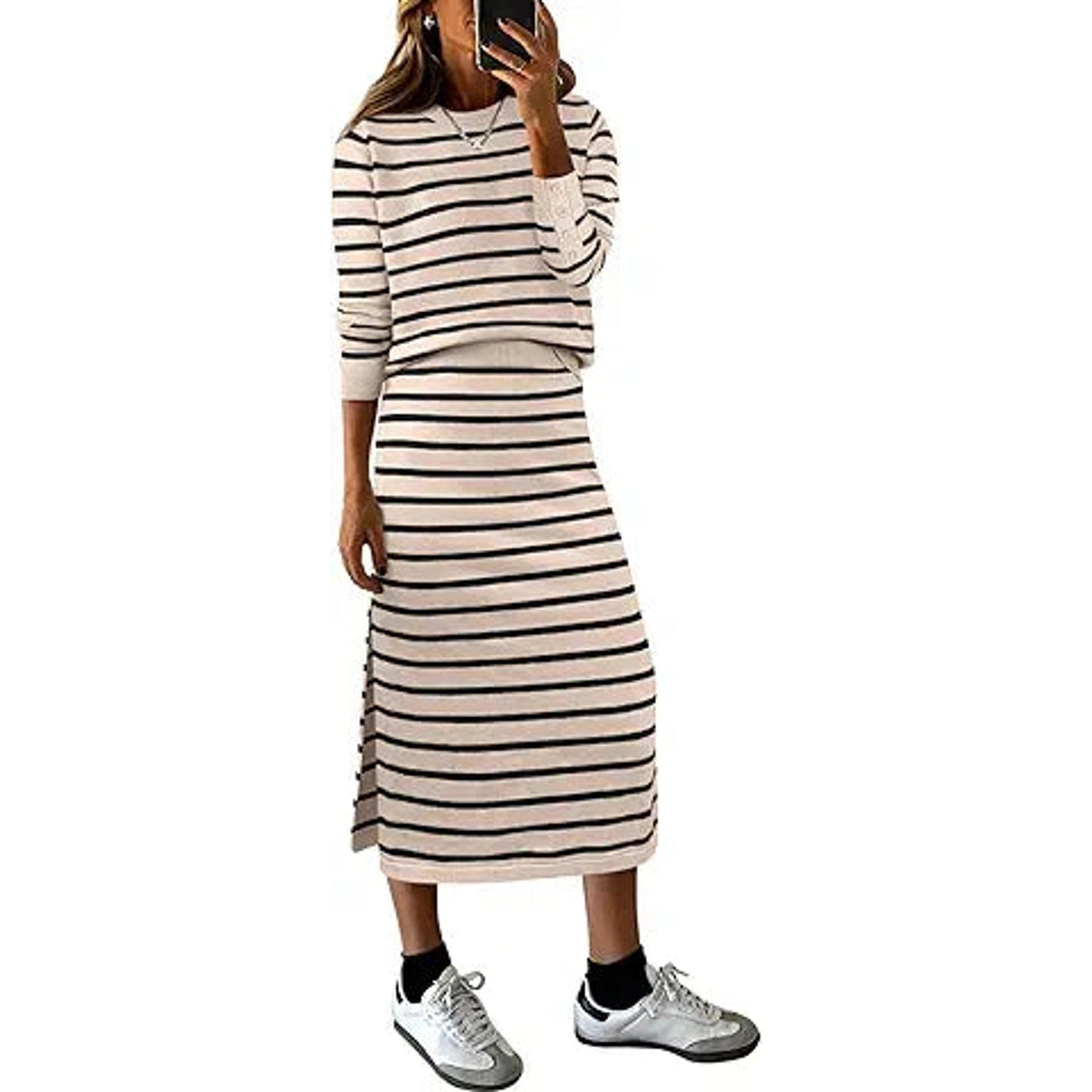 ANRABESS Women 2 Piece Outfits Striped Sweater Skirt Sets 2025 Fall Casual Long Sleeve Pul